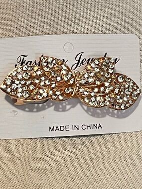 Gold Crystal Leaf Hair Barrette - Fashion Jewelry